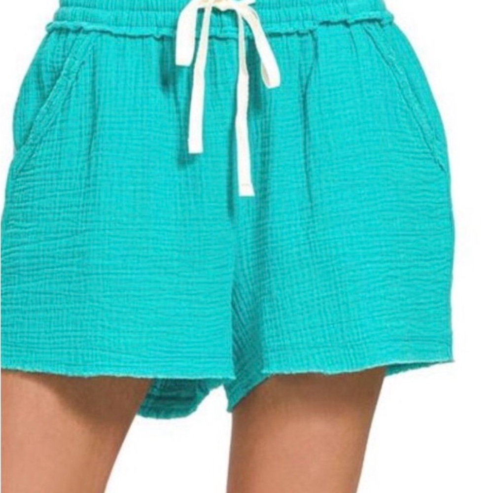 Women's Zenana Lt Teal Drawstring Double Gauze Shorts